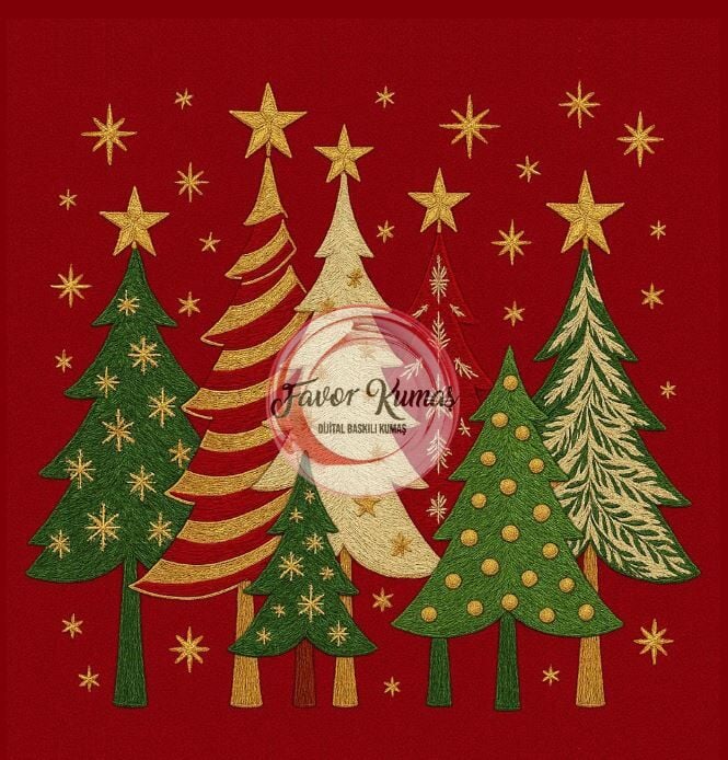 3D  Yıldızlı Çamlar Yılbaşı Runner ve Kırlent Kumaşı