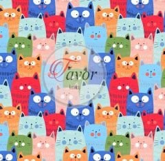 Mavi Tonlu Kedi Desenli Kumaş