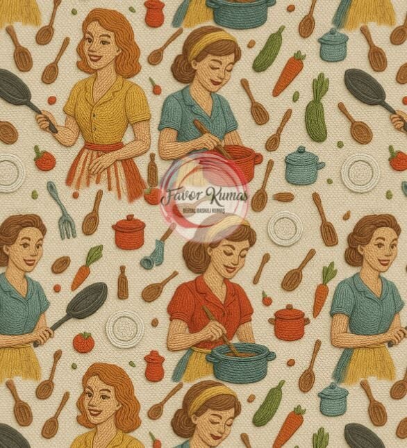 3D Yemek Pişiren Kadınlar Desenli Kumaş