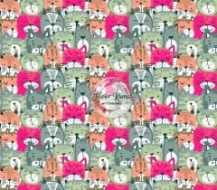 Yeşil Pembe Kedi Desenli Kumaş