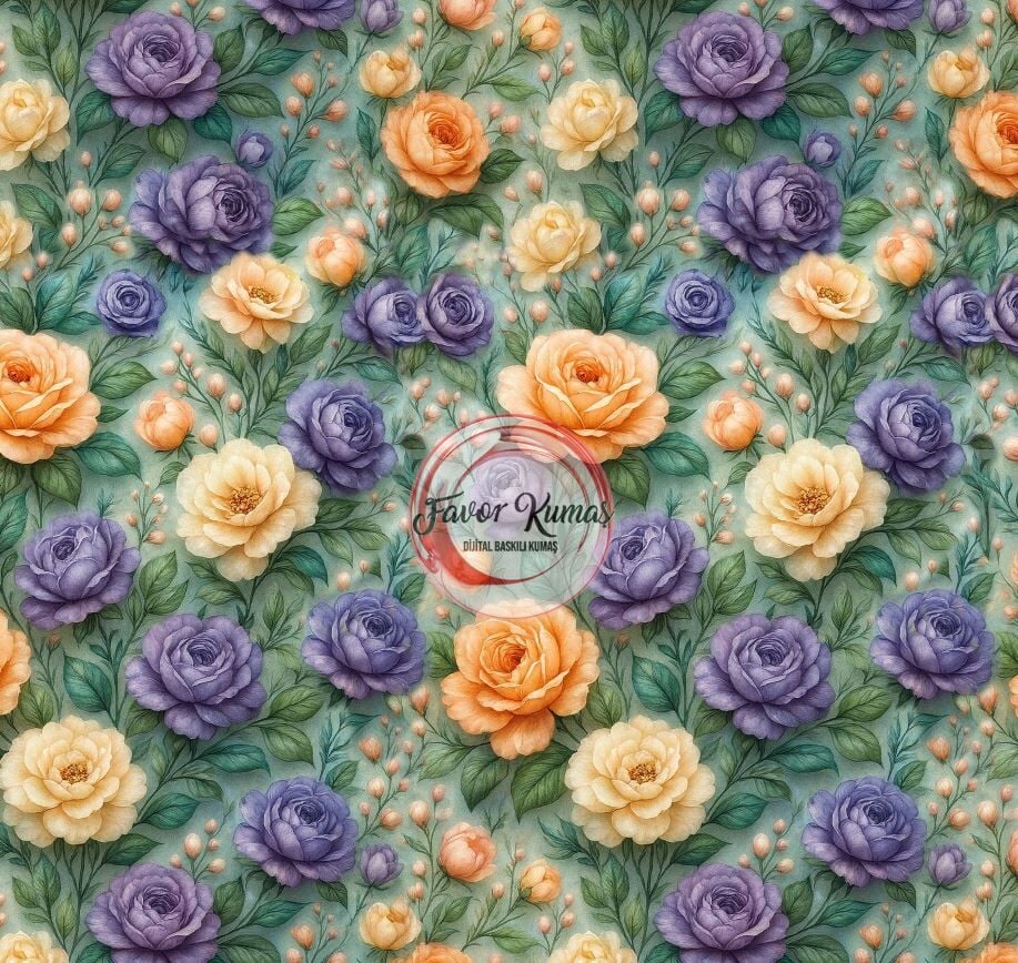3D Mor Turuncu Güller Desenli Kumaş