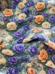 3D Mor Turuncu Güller Desenli Kumaş