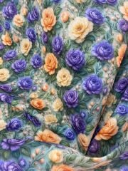 3D Mor Turuncu Güller Desenli Kumaş