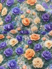 3D Mor Turuncu Güller Desenli Kumaş