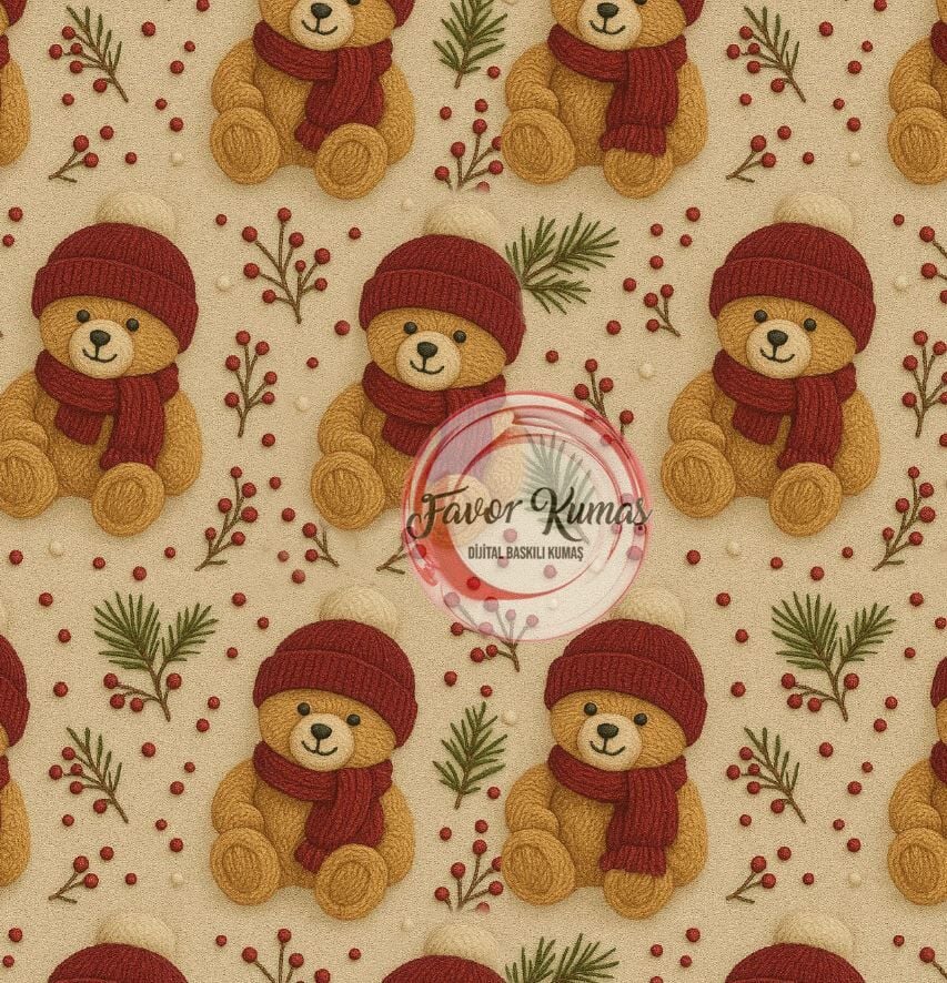 3D Yılbaşı Teddy Bear Desenli Kumaş