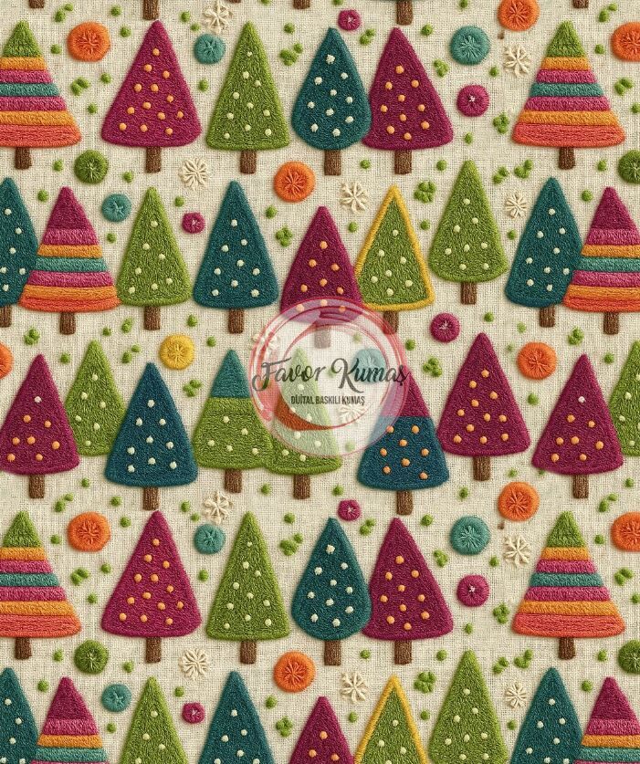3D Yılbaşı Nakışlı Ağaç Desenli Kumaş