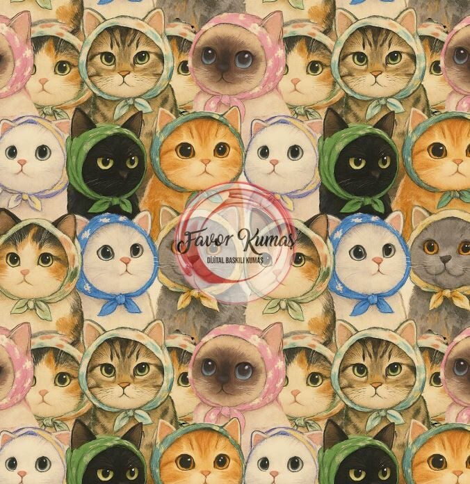 Fularlı Kedicikler Desenli Kumaş