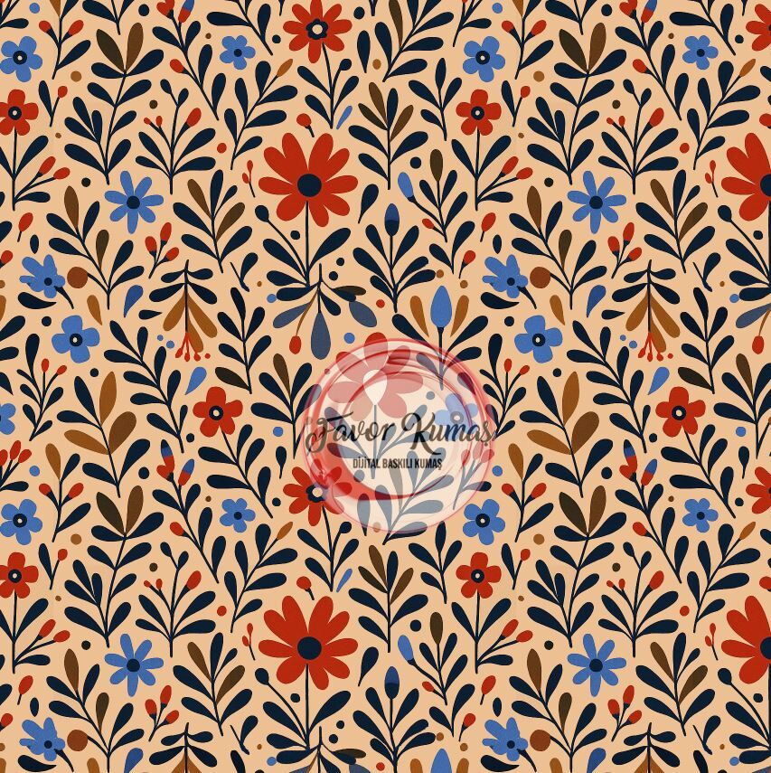 Vintage Temalı Geometrik Çiçekler  Desenli Kumaş