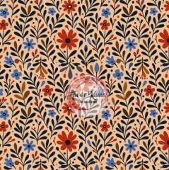 Vintage Temalı Geometrik Çiçekler  Desenli Kumaş