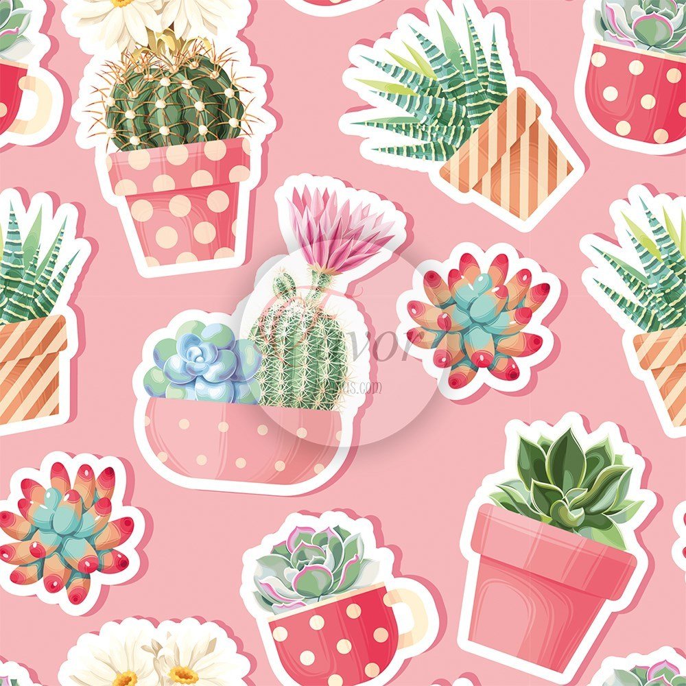 Kaktüs Sticker Desenli Kumaş pembe