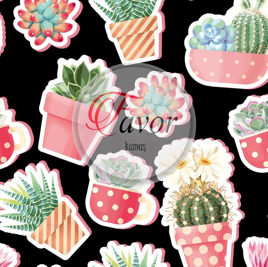 Kaktüs Sticker Desenli Kumaş siyah