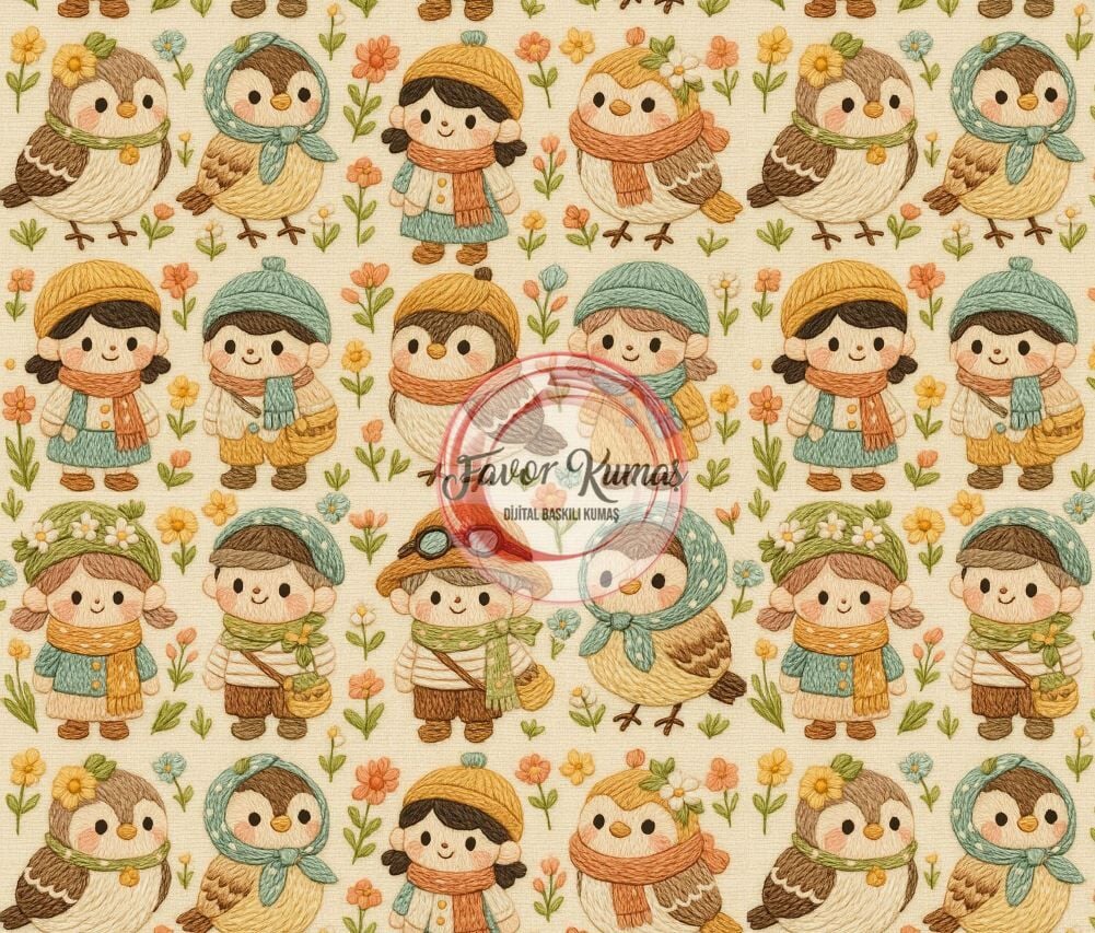 Nakış Kuşlar Ve Kızlar Desenli Kumaş
