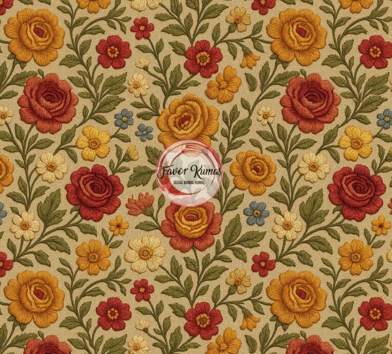 Retro Gül Bahçesi Desenli Kumaş