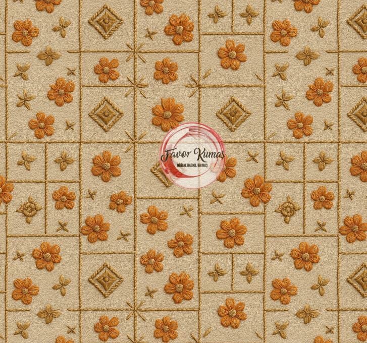 Nakışlı Karo Bahçesi Desenli Kumaş