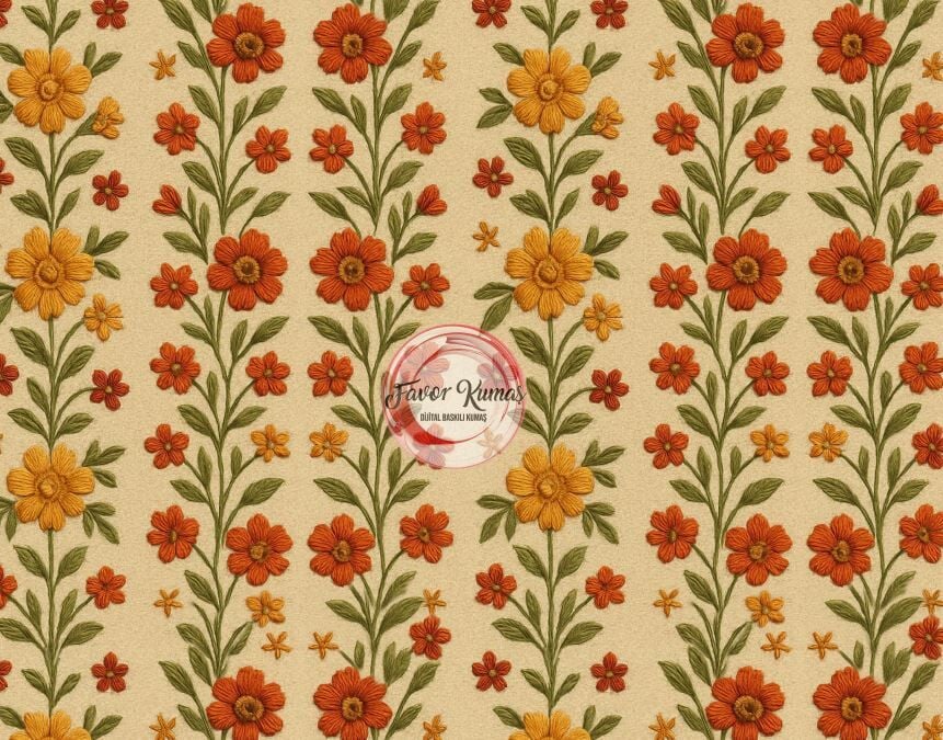 Şeritli Nakış Bahçesi Desenli Kumaş