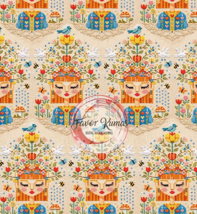 Çiçek Taçlı Kadın  Desenli Kumaş