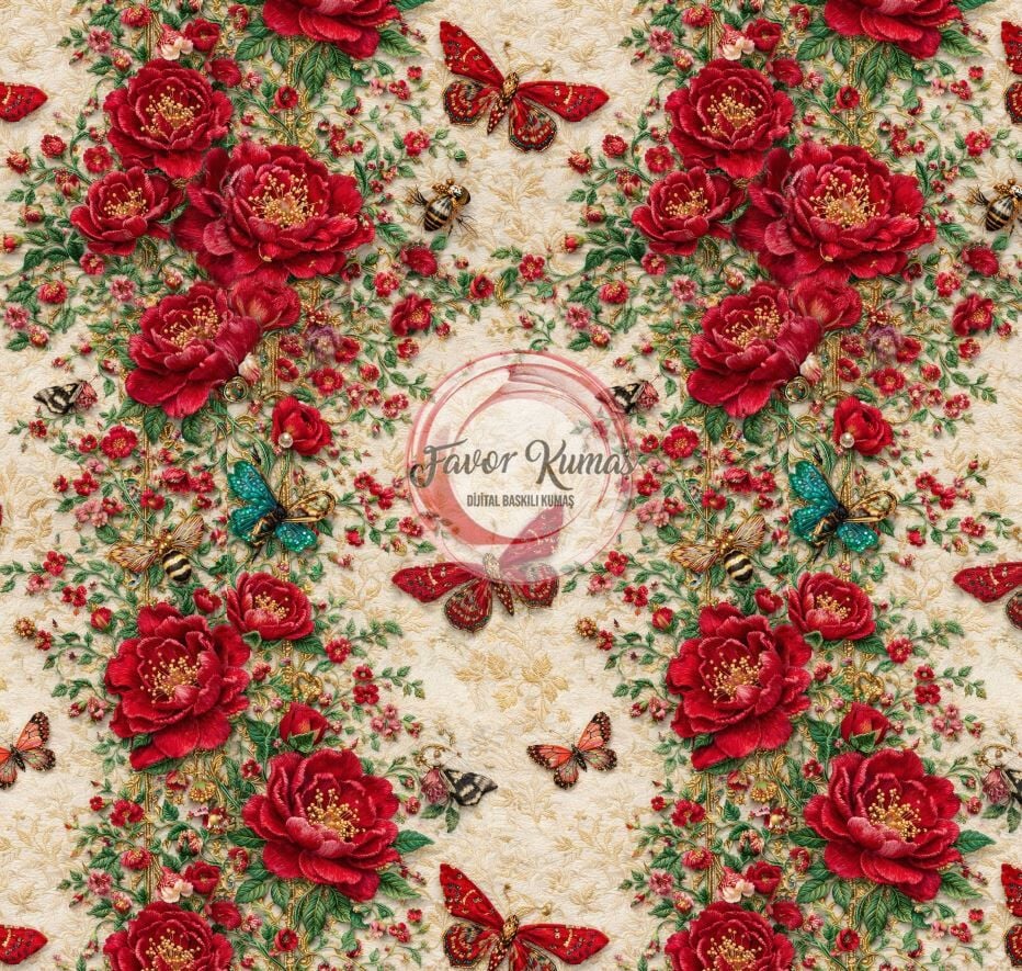 Kızıl Bahçe Desenli Kumaş