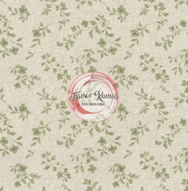 Keten Rengi Soft Yeşil Çıtır Çiçekli Desenli Kumaş