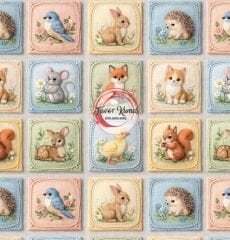 Sevimli Nakış Hayvanlı Kareler Desenli Kumaş