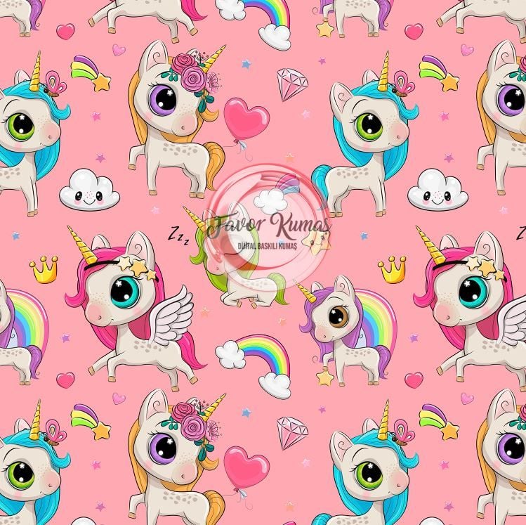 Unicorn Desenli Kumaş 3 Elite Poplin Kumaş - pembe