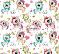 Unicorn Desenli Kumaş 3 Döşemelik Petek Kumaş - beyaz