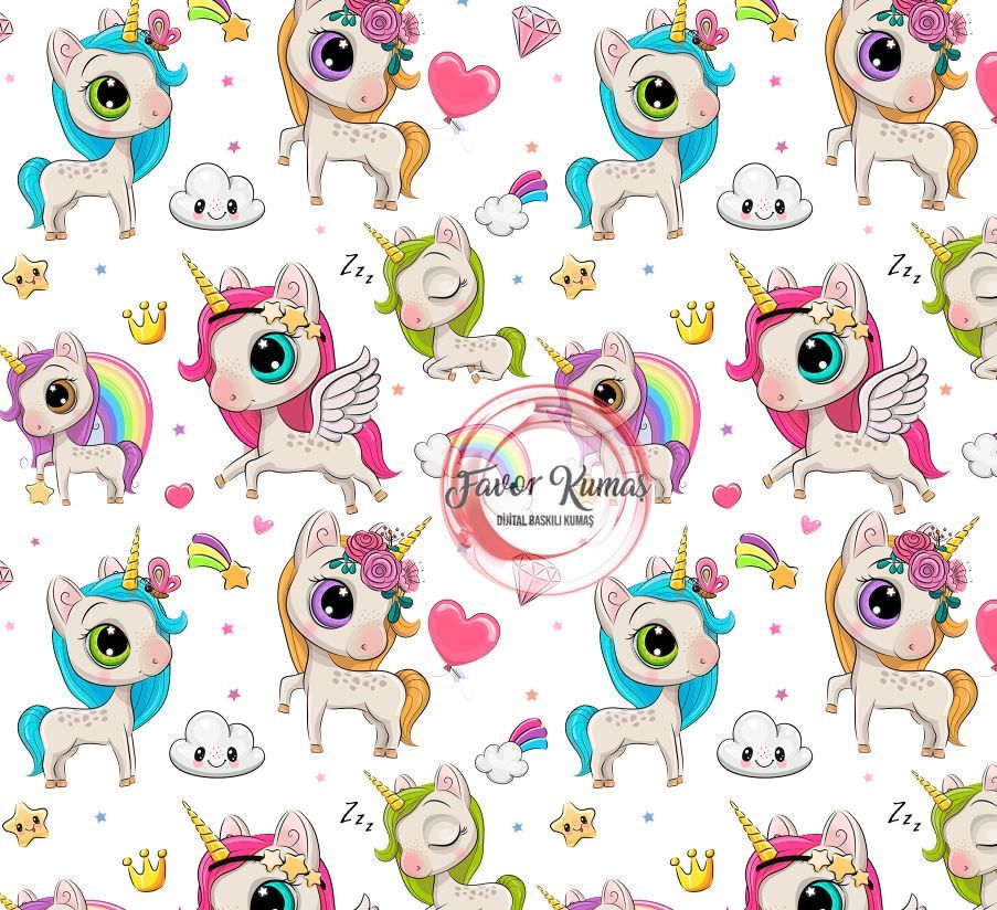 Unicorn Desenli Kumaş 3 Elite Poplin Kumaş - beyaz