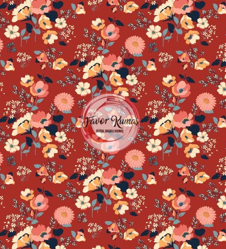 Bahar Bahçesi Kiremit Kırmızı Çıtır Çiçekli Desenli Kumaş