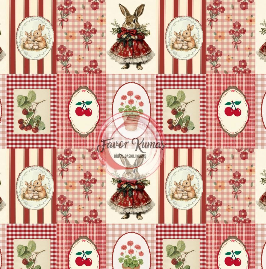 Vintage Pötikare Kırmızı Desenli Kumaş