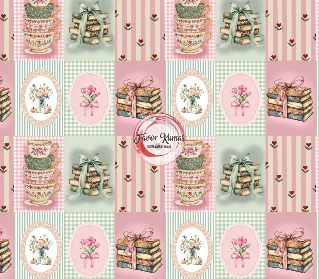 Vintage Pötikare Pembe Yeşil Desenli Kumaş