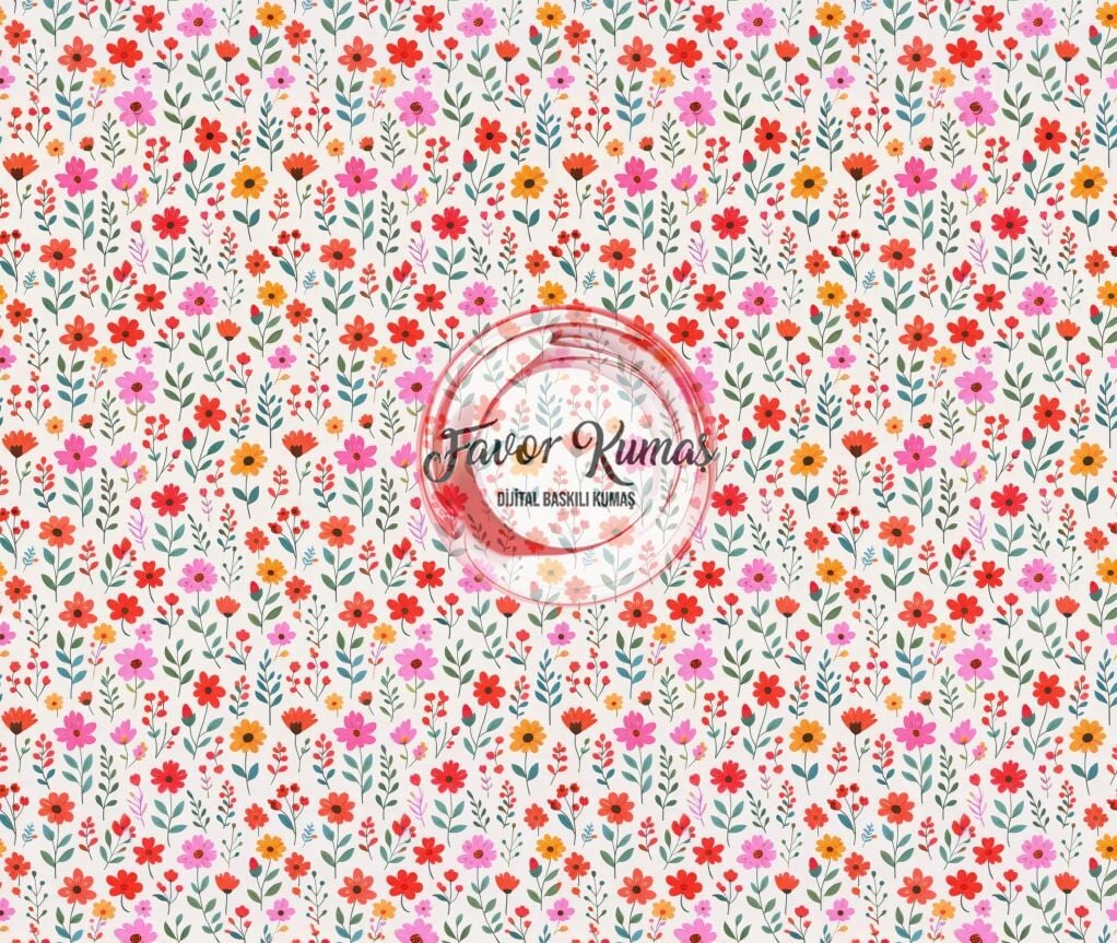 Çıtır Pembe Ve Kırmızı Krem Zeminli Çiçekli Desenli Kumaş