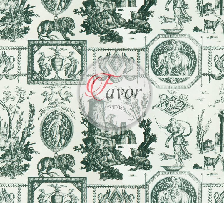 Yeşil Toile de Jouy Desenli Kumaş