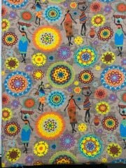 Afrikalı Kadın Desenli Keten Görünümlü Kumaş