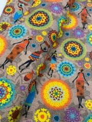 Afrikalı Kadın Desenli Keten Görünümlü Kumaş