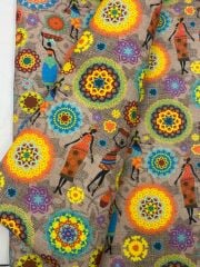 Afrikalı Kadın Desenli Keten Görünümlü Kumaş