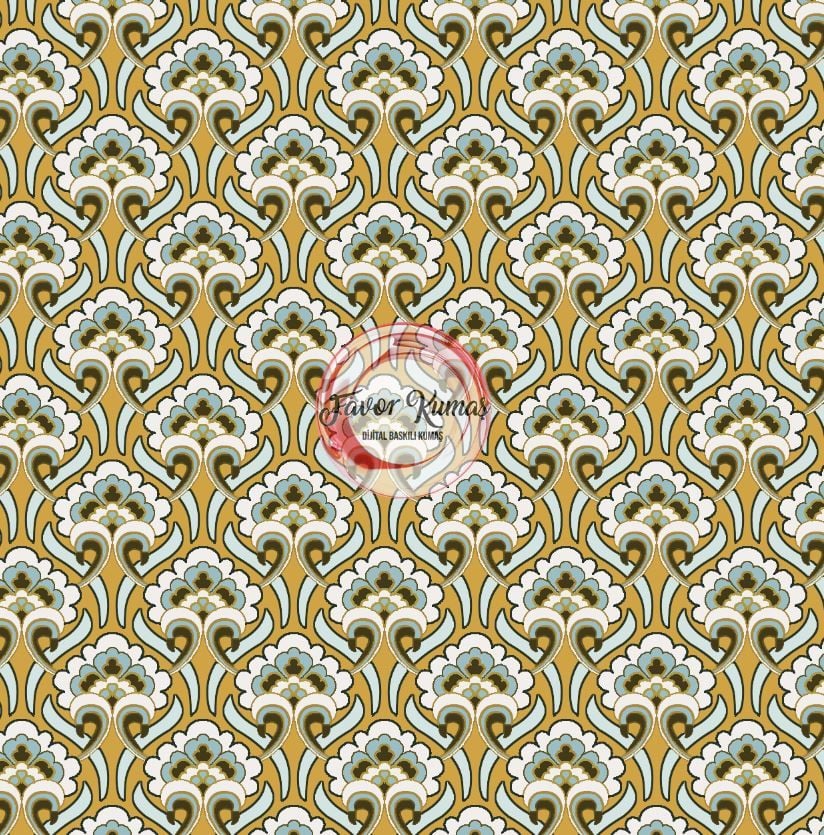 Retro Geometrik Çiçek Desenli Kumaş Döşemelik Petek Kumaş - hardal