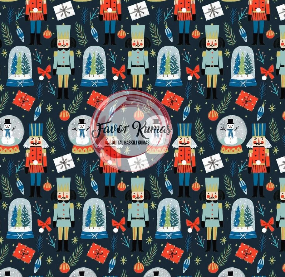 Yılbaşı Kurşun Asker Ve Kar Küresi Desenli Kumaş