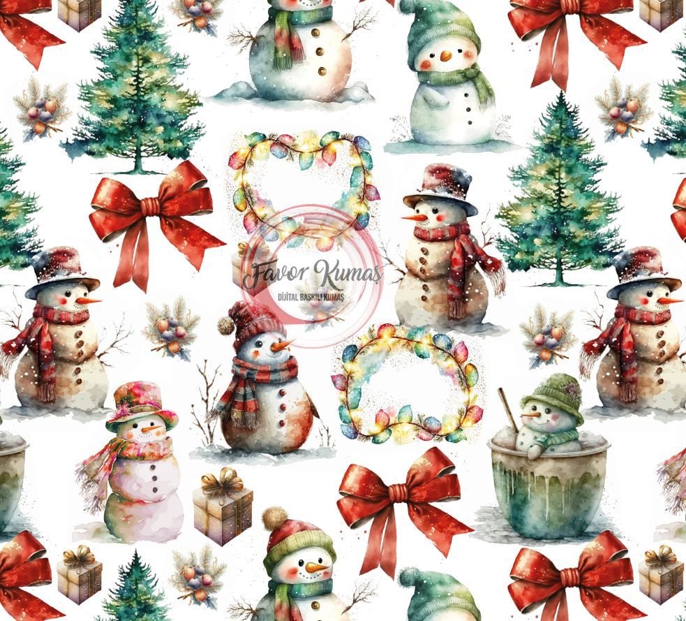 Yılbaşı Kardan Adamlar  Desenli Kumaş