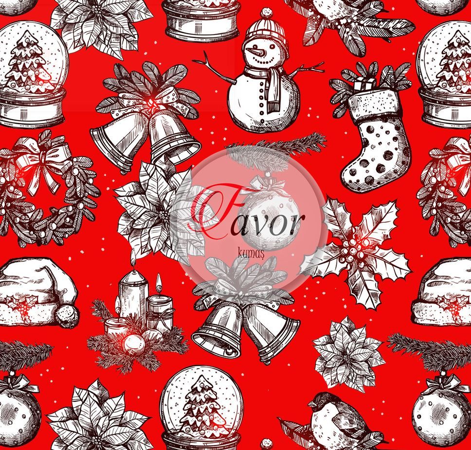 Yılbaşı Çanı Desenli Kumaş Elite Poplin Kumaş