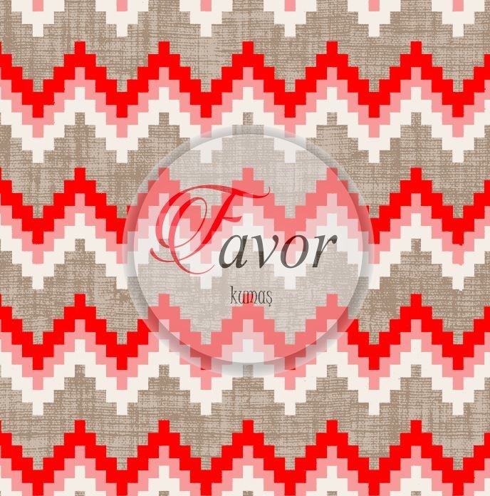 Keten Zemin Renkli Zikzak Desenli Kumaş Döşemelik Petek Kumaş - kırmızı