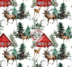 Yılbaşı Kırmızı Ev Ve Geyik Desenli Kumaş