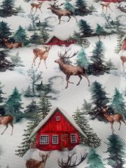 Yılbaşı Kırmızı Ev Ve Geyik Desenli Kumaş
