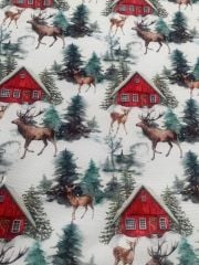 Yılbaşı Kırmızı Ev Ve Geyik Desenli Kumaş
