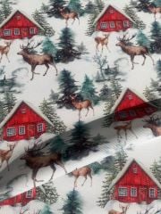 Yılbaşı Kırmızı Ev Ve Geyik Desenli Kumaş