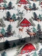 Yılbaşı Kırmızı Ev Ve Geyik Desenli Kumaş
