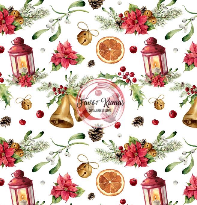 Yılbaşı Fener Ve Çan Desenli Kumaş