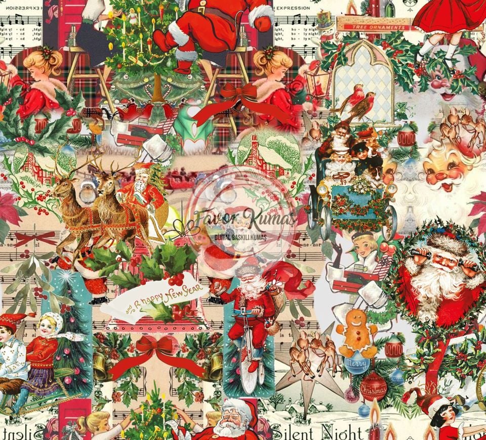 Yılbaşı Vintage Noel Desenli Kumaş