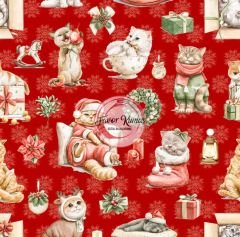 Yılbaşı Sevimli Kediler Desenli Kumaş