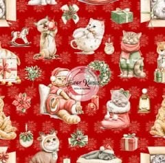 Yılbaşı Sevimli Kediler Desenli Kumaş