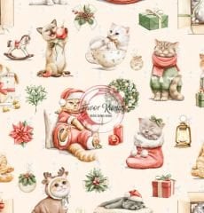 Yılbaşı Sevimli Kediler Desenli Kumaş