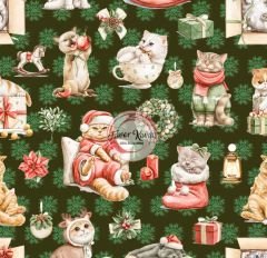 Yılbaşı Sevimli Kediler Desenli Kumaş